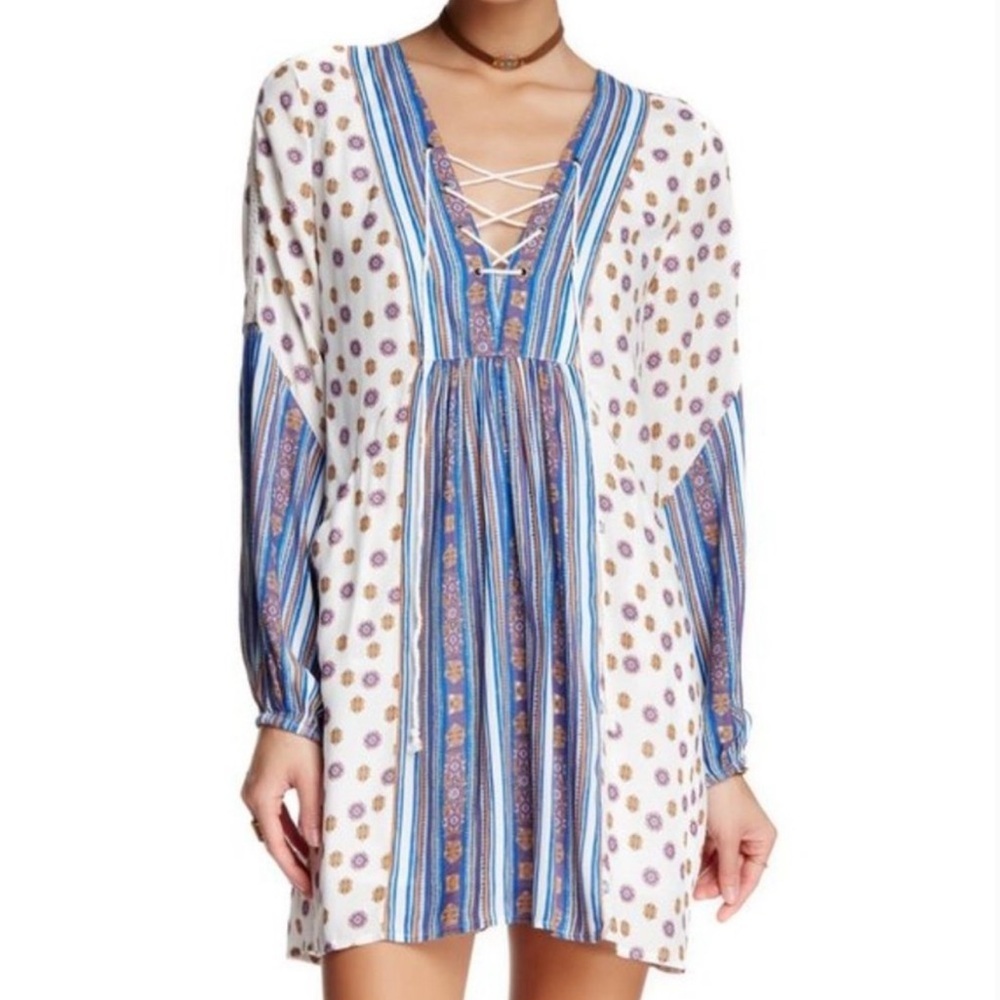 Free People Rain Or Shine Lace‎ Up Boho Mini Short Dress Womens Size XSmall